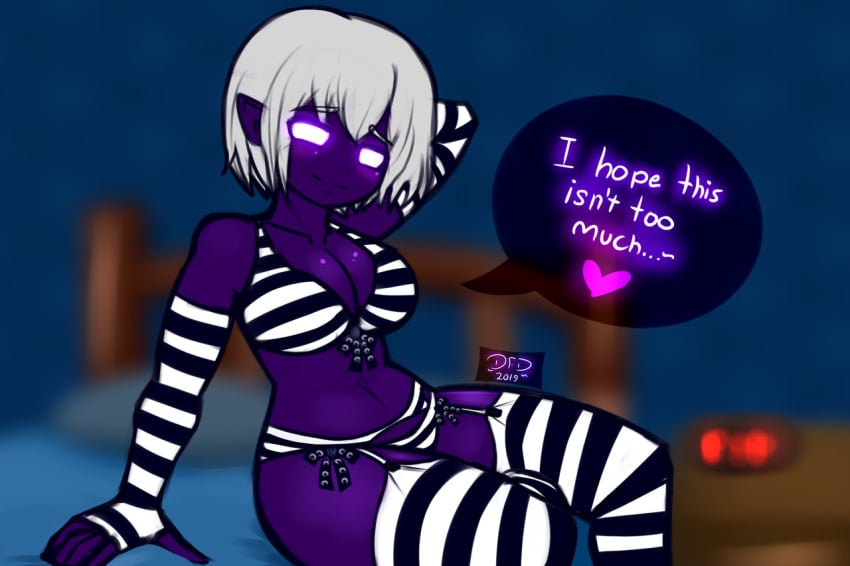 1girls bikini breasts datfurrydude dialogue female female_only five_nights_at_freddy's lingerie marionette_(fnaf) puppet_(fnaf) purple_body purple_eyes purple_skin tagme white_hair