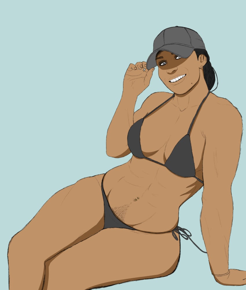 abs baseball_cap bellyring bikini casual dark-skinned_female female female_only hat mature_female min0 pubic_hair pubic_hair_peek sitting smile solo thick_thighs