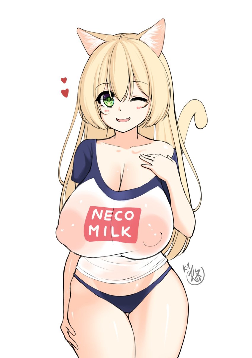 absurd_res animal_humanoid blonde_hair blush cat_humanoid clothing felid felid_humanoid feline feline_humanoid female hair heart hi_res humanoid kaedeno_yuu mammal mammal_humanoid one_eye_closed panties shirt solo topwear underwear wink