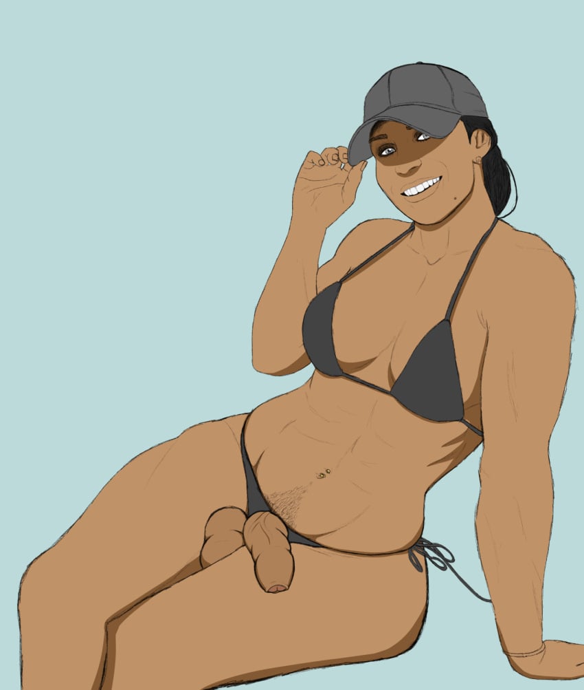 1futa abs balls baseball_cap bellyring bikini bikini_aside casual casual_exposure clothed clothing dark-skinned_futanari dickgirl flaccid foreskin futa_only futanari half-erect hat human light_skin mature_female min0 mostly_nude penis penis_out self_upload sitting smile solo thick_thighs