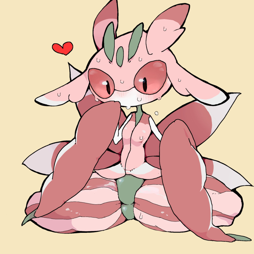 antennae arthropod_girl black_eyes blush breasts colored_sclera colored_skin commentary_request female furry furry_female green_skin hands_up heart highres looking_at_viewer lurantis multicolored_skin nose_blush partial_commentary pink_skin pokemon pokemon_(species) pussy red_sclera shiny shiny_skin simple_background small_breasts solo spread_legs sweat thick_thighs thighs uncensored white_skin yamada_(pixiv_24040206) yellow_background