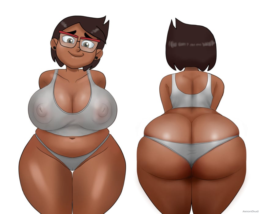 1girls aeondud alternate_version_available areolae ass_cleavage back_view big_ass big_breasts big_butt brown_eyes brown_hair butt_crack camila_noceda dark-skinned_female dark_skin earrings female female_focus female_only front_view glasses latina looking_at_viewer milf mother nipples nipples_visible_through_clothing panties rear_view shirt smooth_skin solo solo_female the_owl_house thick_thighs voluptuous white_background wide_hips