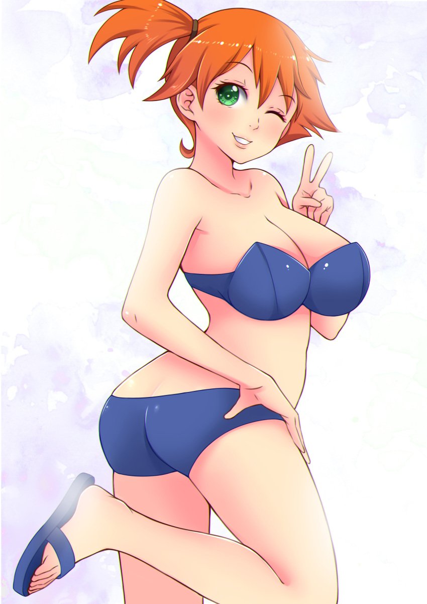 armpits ass asymmetrical_hair bangs bare_arms bare_shoulders bikini blue_bikini blue_swimsuit blush breasts clothing cowboy_shot female game_freak green_eyes huge_ass huge_breasts kasumi_(pokemon) large_ass large_breasts looking_at_viewer misune_art nintendo open-mouth_smile open_mouth orange_hair pokemon pokemon_(anime) pokemon_(classic_anime) pokemon_(game) pokemon_rgby ponytail short_hair short_ponytail side_ponytail smile solo swimsuit thighs tied_hair v