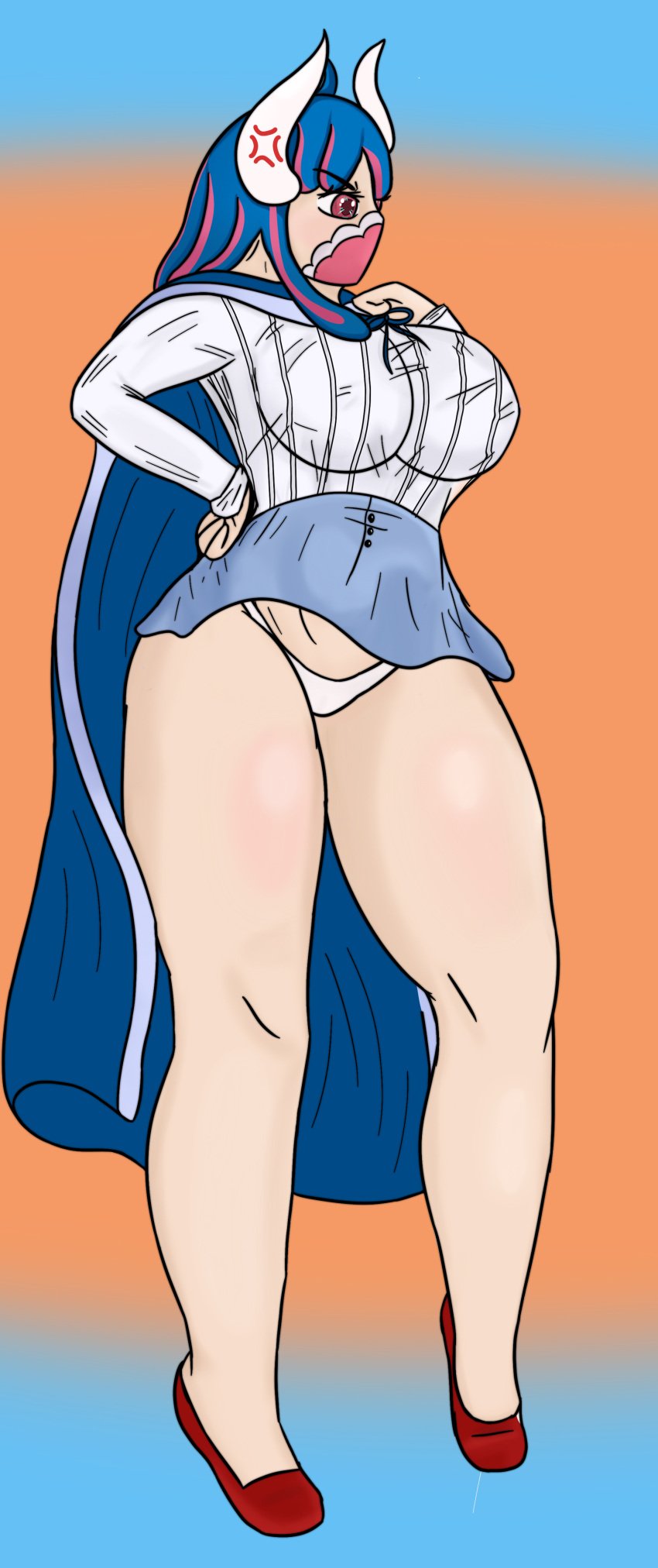 1girls 2022 accidental_exposure angry blue_hair cloak female female_only flashing high_heels horns jfode one_piece panties pink_eyes skirt skirt_lift skirt_too_short tight_clothing ulti_(one_piece) wardrobe_malfunction white_panties