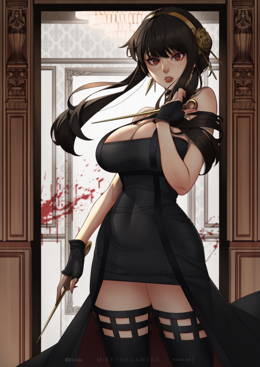 1girls assassin big_breasts blood cleavage clothing female female_only latex light-skinned_female light_skin mikeymegamega red_eyes solo solo_female spy_x_family stiletto_(weapon) thorn_princess tight_clothing yor_briar