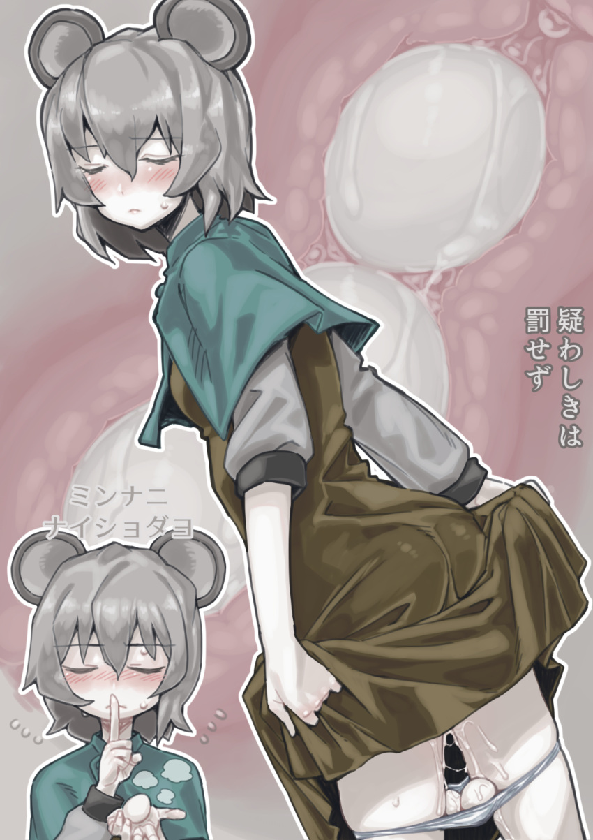 animal_ears ass_in_dress bangs blue_capelet blush brown_dress capelet closed_eyes closed_mouth clothes_lift colored_skin commentary_request cookie_(touhou) cross_section dress dress_lift egg egg_laying expressionless feet_out_of_frame female grey_hair highres lifted_by_self man_(man-room) mouse_ears nazrin nyon_(cookie) panties panty_pull pussy_juice short_hair tamago_(cookie) touhou translation_request underwear white_panties white_skin