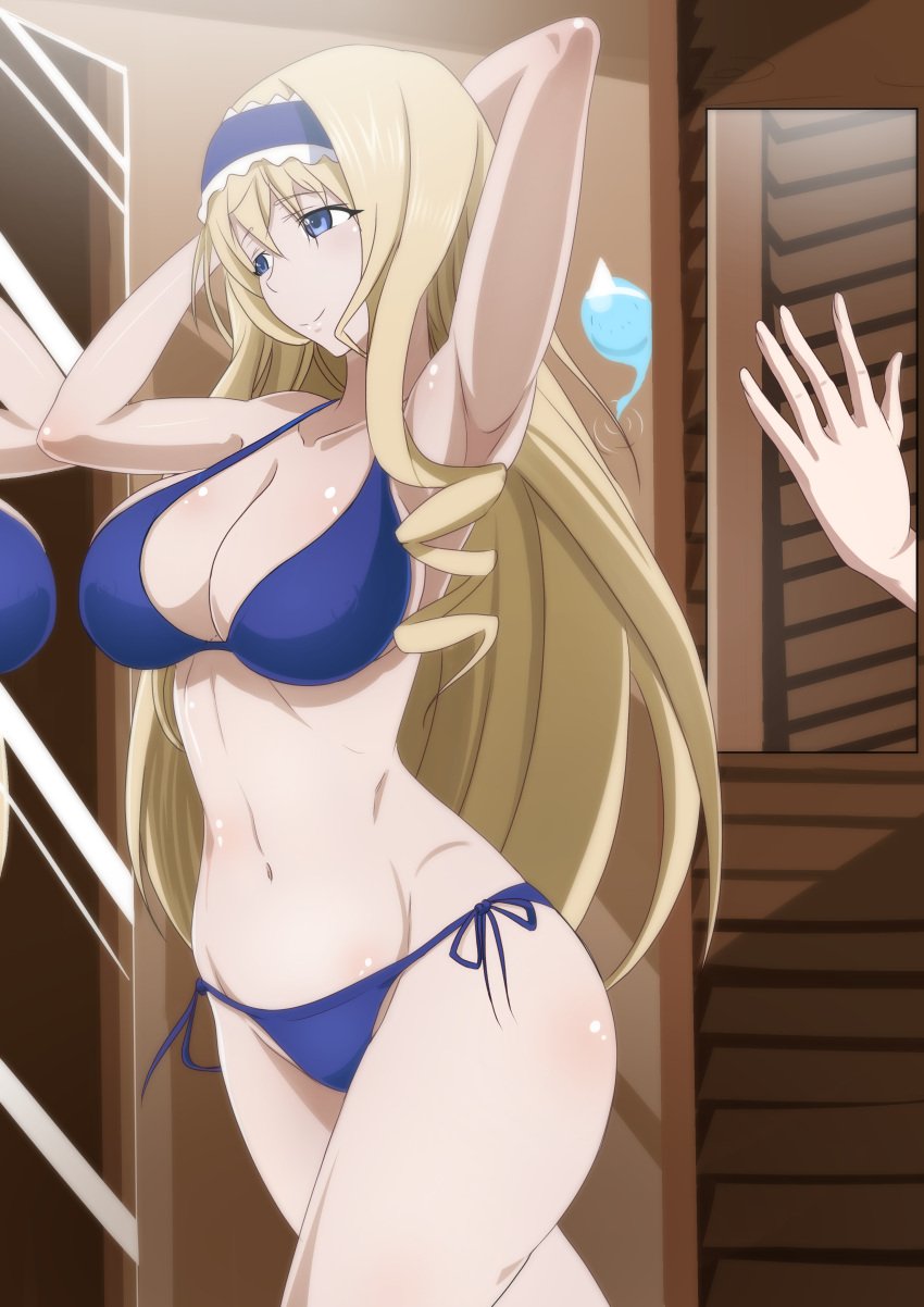 1girls armpits arms_behind_head big_breasts bikini blonde_hair blue_bikini blue_eyes breasts busty cecilia_alcott cleavage drill_hair female hair_bow infinite_stratos large_breasts legs long_hair mirror navel pose posing reflection sensual sexy_armpits smile solo the_amazing_gambit thighs voluptuous