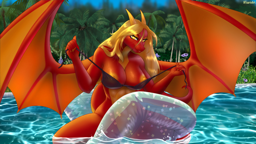 4322chan absurd_res anthro big_breasts blonde_hair breasts clothing detailed_background dragon female hair hi_res horn huge_breasts looking_at_viewer membrane_(anatomy) membranous_wings nipples pool_toy red_body saffryn scalie smile smiling_at_viewer solo swimming_pool swimwear translucent translucent_clothing undressing western_dragon wings