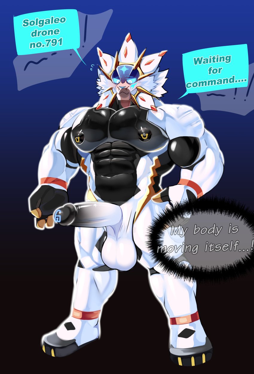 absurd_res anthro balls clothing drone generation_7_pokemon genitals goo_transformation hi_res legendary_pokemon male male/male male_only manyu muscular nintendo nipple_piercing nipples penis piercing pokemon pokemon_(species) rubber rubber_clothing rubber_suit solgaleo tattoo transformation video_games