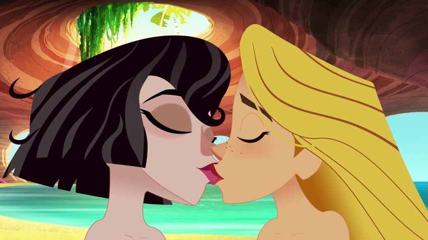 2girls beach blonde_hair cassandra_(tangled) closed_eyes disney disney_channel disney_princess female female_only implied_nudity kissing lesbian_kiss long_hair mehefin013 rapunzel tangled tangled:_the_series yuri