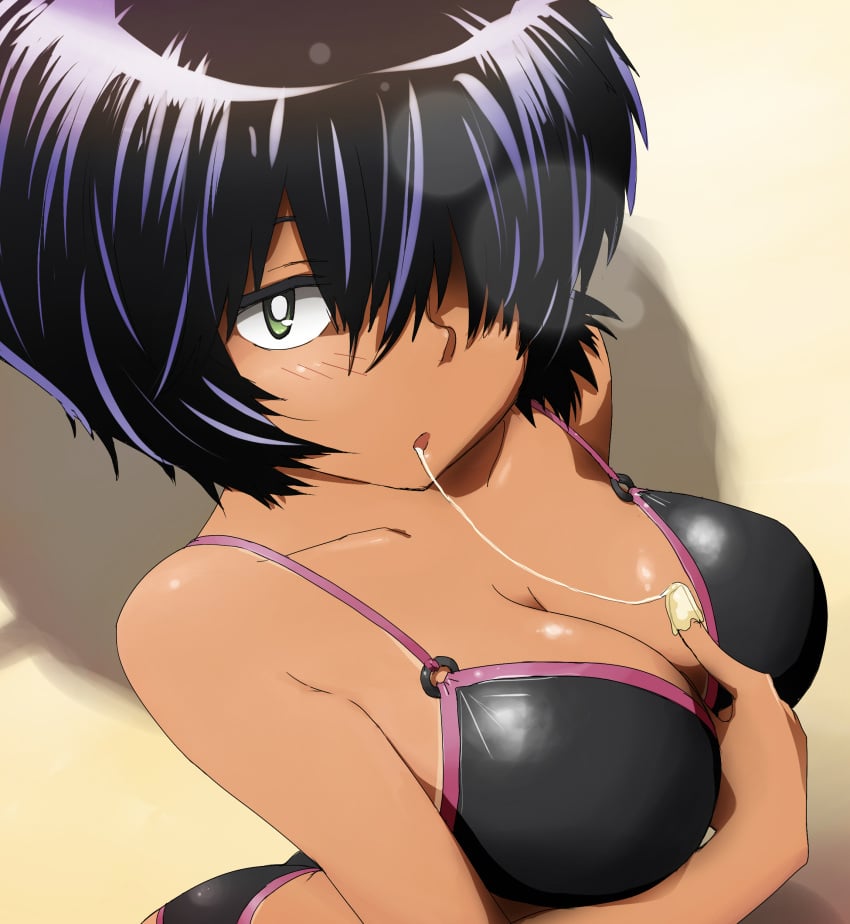 2012 absurd_res bikini bikini_top black_hair blush color digital_media_(artwork) drool drool_string drooling green_eyes huge_breasts looking_at_viewer nazo_no_kanojo_x takunama tanline tanned tanned_female tanned_skin teasing teasing_viewer urabe_mikoto