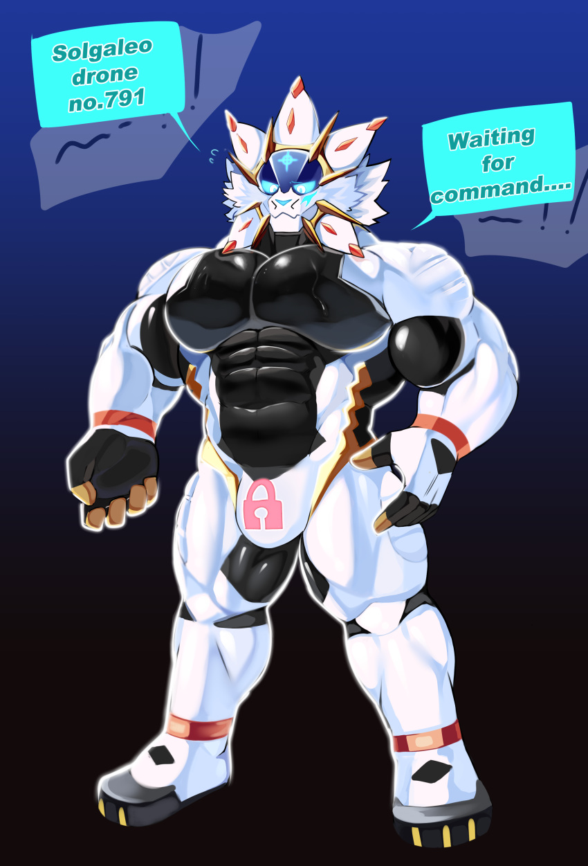 absurd_res anthro clothing drone generation_7_pokemon goo_transformation hi_res legendary_pokemon lock male male_only manyu muscular nintendo pokemon pokemon_(species) pokemon_only rubber rubber_clothing rubber_suit solgaleo solo tattoo transformation video_games