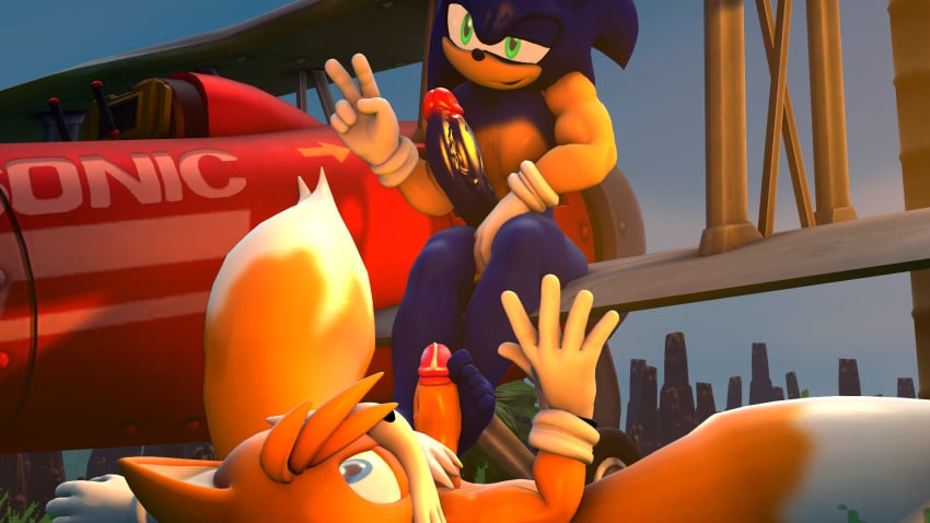 3d 3d_(artwork) airplane blue_fur erection exposed_torso feet foot_fetish footjob footwear fox fur gay gloves handwear hedgehog laying_down laying_on_back male/male male_only outercourse outside peace_sign penis plane precum sega shoes soles sonic_(series) sonic_the_hedgehog sonic_the_hedgehog_(series) source_filmmaker tails twintails3d twintailssfm yaoi yellow_fur