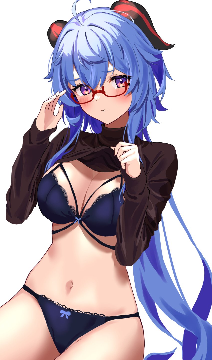 :t absurdres bespectacled blue_bra blue_hair blue_panties bra breasts clothes_lift female ganyu_(genshin_impact) genshin_impact glasses goat_horns highres horns lifted_by_self long_hair medium_breasts navel panties pout purple_eyes simple_background solo stomach sweater sweater_lift turtleneck turtleneck_sweater underwear uuroncha very_long_hair white_background