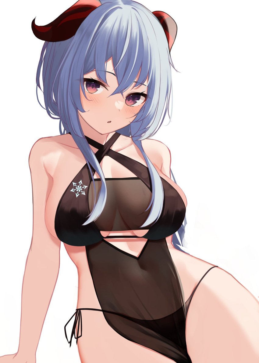 absurdres bangs bare_arms bare_shoulders bikini black_bikini blue_hair blush breasts clothes_pull cowboy_shot criss-cross_halter female ganyu_(genshin_impact) genshin_impact goat_horns halterneck highres horns large_breasts long_hair looking_at_viewer memekko navel side-tie_bikini_bottom sidelocks solo stomach string_bikini swimsuit