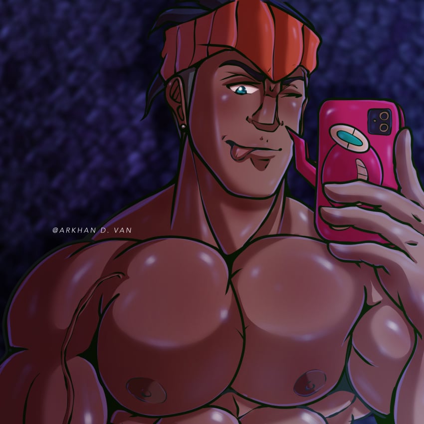 . arkhandvan chest gay gym_leader hat male male_chest male_nipples male_only muscular_male pecs pectorals pokemon pokemon_ss raihan_(pokemon) selfie tongue_out