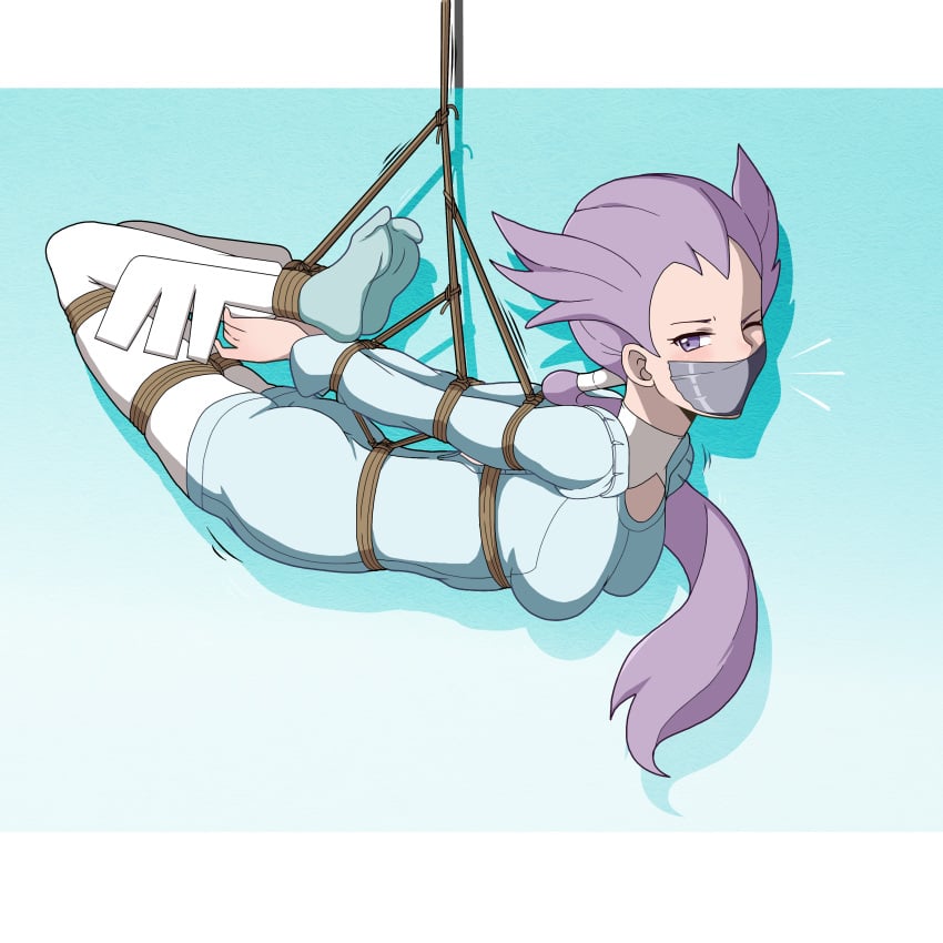 arms_tied_behind_back bondage bound bound_ankles bound_legs female female_only femsub fully_clothed gag gagged looking_at_viewer one_eye_closed pokemon purple_eyes purple_hair rope suspension_bondage tape tape_gag tiedtiki winona_(pokemon)