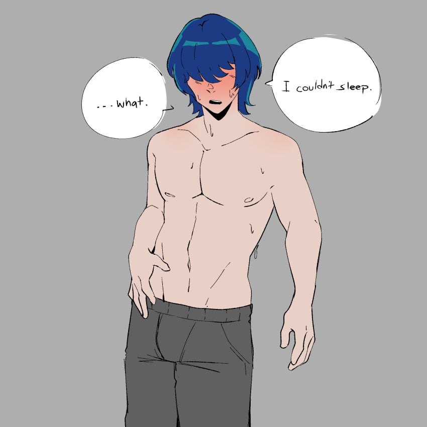 1boy blue_hair bluueygooey english_text hair_over_eyes male male_only short_hair solo text topless