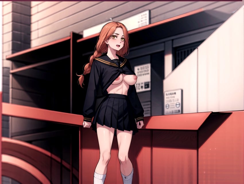 ai_generated braid braids breast_outside breasts crop_top large_breasts long_hair midriff navel nipples orange_hair outdoors shoes skirt socks tokyo_revengers yuzuha_shiba