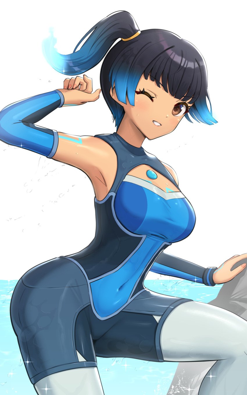 1girls 5_fingers armpits arms_behind_back arms_up ass blue_hair breasts brown_hair clothing core_crystal female female_focus female_only gonzarez hair human large_ass nintendo png posing sena_(xenoblade) shiny_clothes small_breasts smile solo standing swimsuit thick_ass thick_thighs thighs wetsuit wide_hips xenoblade_(series) xenoblade_chronicles_3