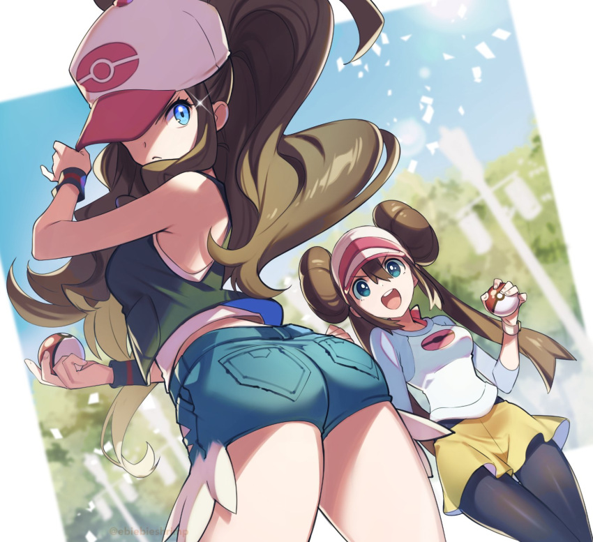 2022 2girls ass ass_focus back_view blue_eyes brown_hair cap denim_shorts female female_only game_freak hat hat_tip hilda_(pokemon) holding_pokeball long_brown_hair long_hair long_ponytail long_twintails looking_at_viewer looking_back nintendo open_mouth open_smile outdoors pantyhose pokeball pokeball_logo pokemon pokemon_bw pokemon_bw2 ponytail rosa_(pokemon) serious shorts shuri_(84k) skirt smile snapback thighs twin_buns twintails visor