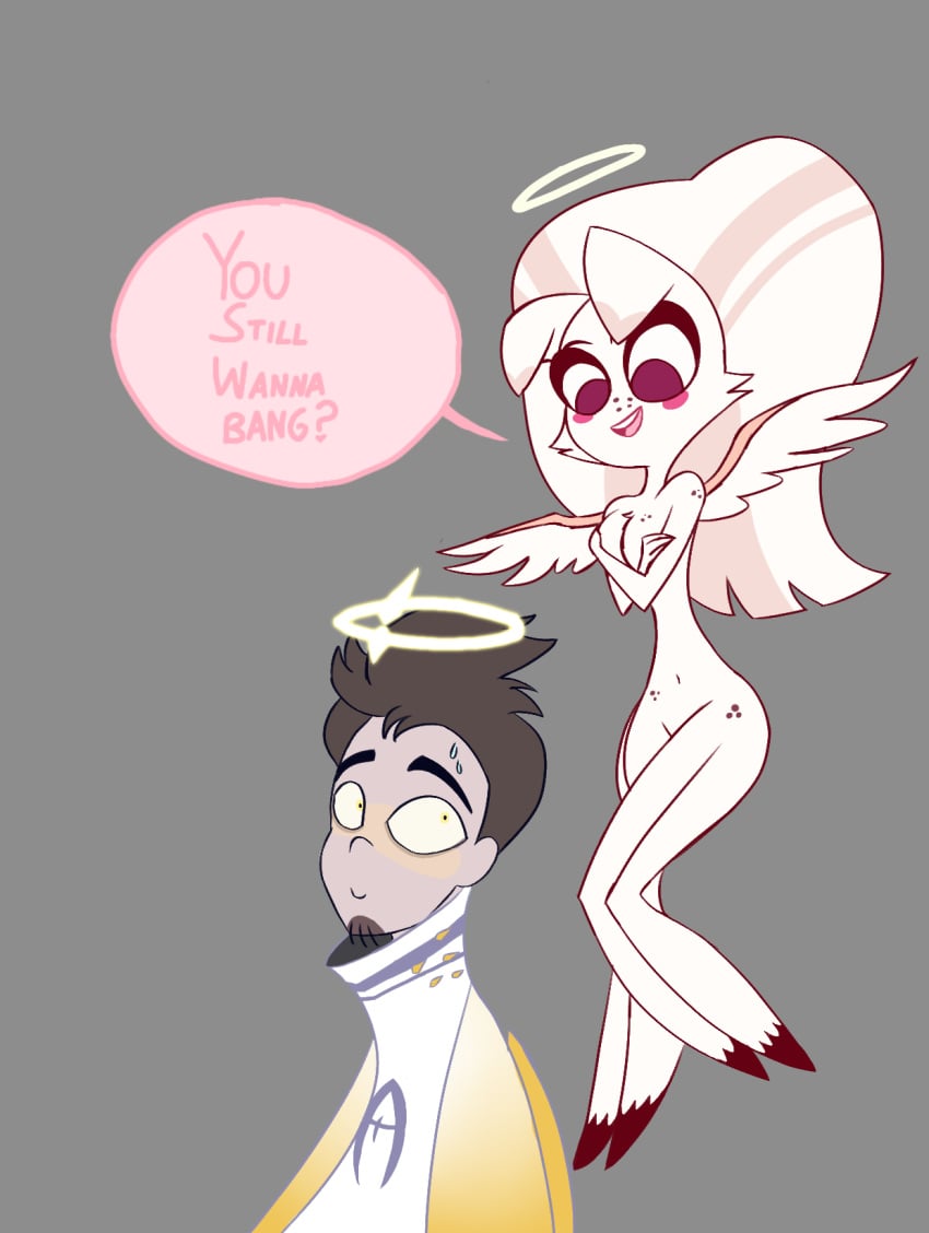 1boy 1girls adam_(hazbin_hotel) angel angel_girl angel_wings brown_hair clothed_male_nude_female completely_nude completely_nude_female duo duo_focus female hazbin_hotel male molly_(hazbin_hotel) multi_leg multi_limb nude_female_clothed_male spider_girl tagme white_hair