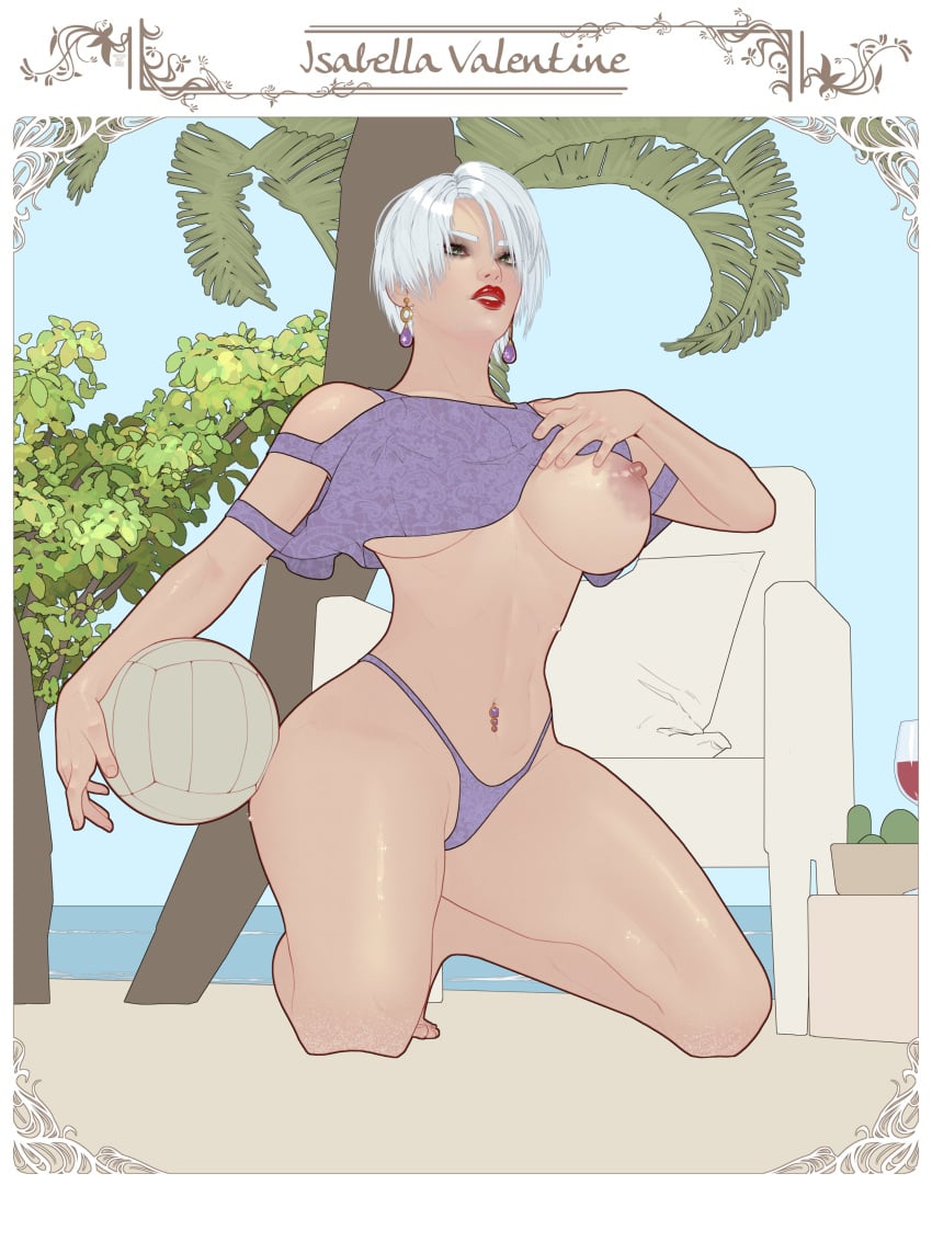 1girls 2024 alternate_version_available beach bikini clothing_aside crop_top earrings female female_only galaad1800 green_eyes huge_breasts isabella_valentine kneeling light-skinned_female light_skin lipstick nipple_bulge nipples ocean presenting_breasts pulling_clothing red_lipstick short_hair solo solo_female soul_calibur thong_bikini toned_female underboob volleyball white_hair