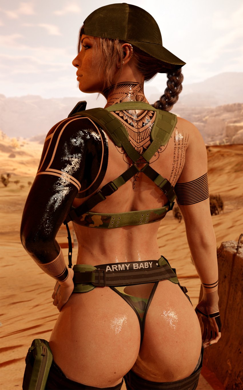 1girls 3d absurd_res absurdres army_girl army_uniform ass_focus athletic athletic_female back_view backwards_cap backwards_hat big_ass big_thighs bikini blender blender_cycles blue_nail_polish blue_nails braided_hair brown_eyes brown_hair camouflage cap desert female female_only glistening_body harness highres impractical_armor impractical_clothing impractical_outfit lara_croft lara_croft_(classic) leg_wraps light_skin long_hair military nail_polish panties pinup revealing_clothes self_upload solo sweat sweatdrop sweating tattoo tattoos tattoos_everywhere thick_ass thick_thighs tomb_raider writing_on_clothes your__waifu