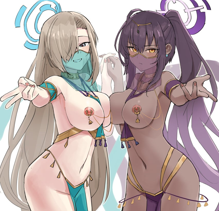 2girls absurdres asuna_(blue_archive) black_hair blue_archive blue_eyes blush breast_curtains breasts chocolate_and_vanilla cleaning_&_clearing_(blue_archive) commission dancer dark-skinned_female dark_skin female female_only grin halo harem_outfit highres jtleeklm karin_(blue_archive) large_breasts light_brown_hair loincloth long_hair looking_at_viewer millennium_science_school_student mouth_veil multiple_girls navel nipple_piercing nipples pelvic_curtain pixiv_commission revealing_clothes smile thighs useless_clothing veil yellow_eyes