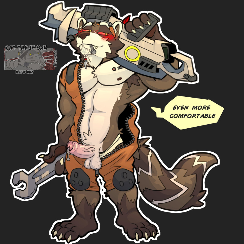 anthro balls blush boner catinatrash1 erection firearms furry gay guardians_of_the_galaxy gun male male_only marvel marvel_comics open_zipper penis precum raccoon rocket_raccoon solo solo_male weapon weapon_over_shoulder