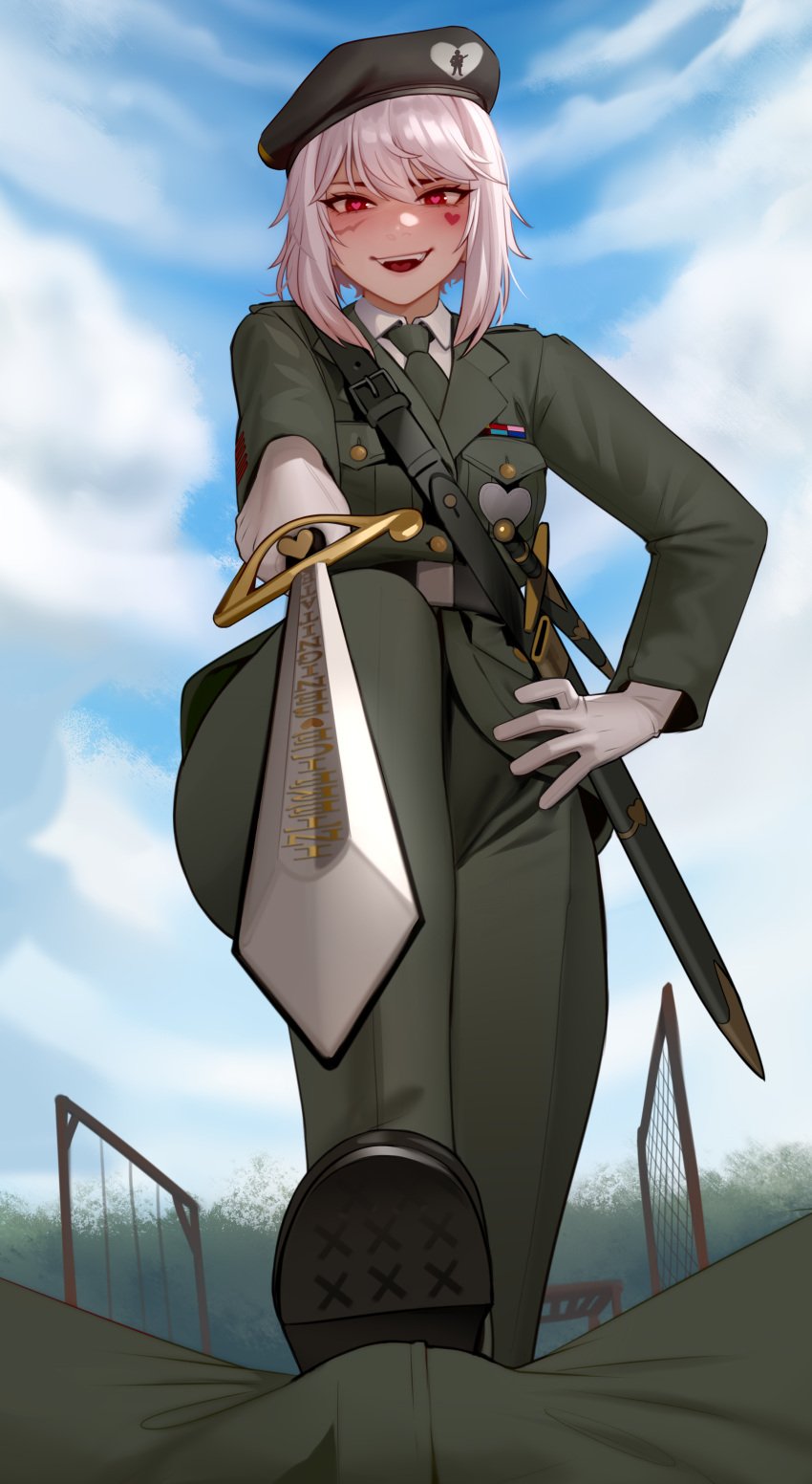 beret buddy_(buddies) crazy domination dress_shoe dress_uniform gloves heart heart_eyes kairuhentai kairunoburogu looking_at_viewer military military_uniform pov red_eyes scars shoe shoes short_hair silver_hair small_breasts smug stepping stepping_on_penis suit sword tomboy woman_in_suit