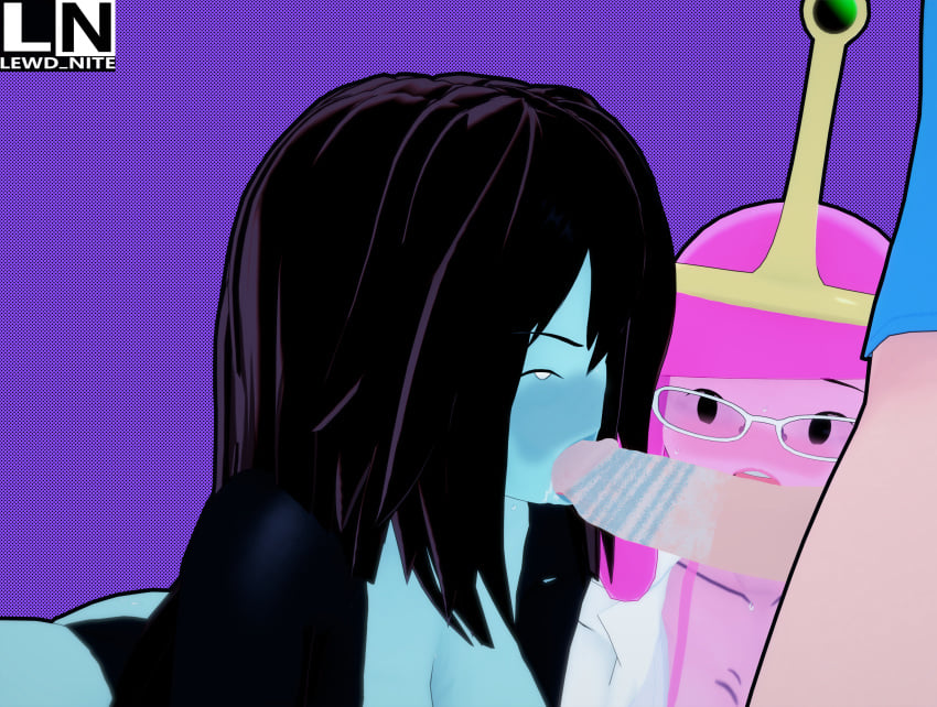 1boy 2girls 3d adventure_time bangs black_hair blowjob blue_lipstick blush bonnibel_bubblegum cartoon_network crown fellatio female ffm_threesome finn_the_human glasses human lewd_nite lips lipstick_marks lipstick_on_penis lipstick_ring long_hair looking_at_another marceline marceline_abadeer marceline_the_vampire_queen multiple_girls open_mouth oral penis pink_body pink_hair pink_skin princess_bubblegum saliva_on_penis saliva_trail scientist straight studying sucking_penis tiara watching