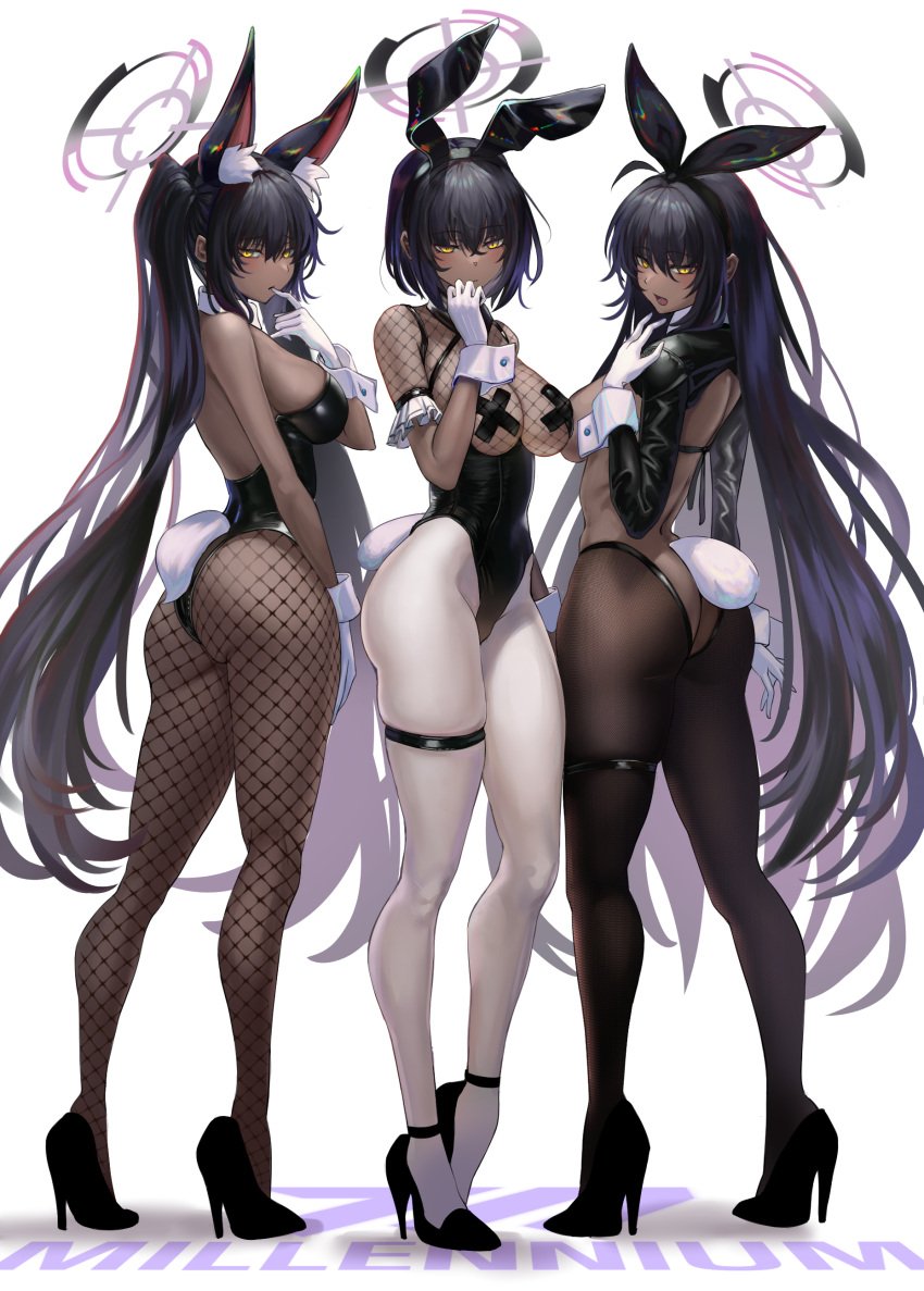 3girls animal_ears ass back big_breasts black_hair blouse blue_archive bob_cut bpang72709895 breasts bunny_ears bunny_tail bunnysuit cleavage cuffs dark_skin detached_collar eyelashes eyeliner female female_only finger_in_mouth fishnets frills garter gloves heels hi_res high_heels karin_(blue_archive) karin_(bunny)_(blue_archive) leotard lingerie long_hair looking_at_viewer makeup medium_hair open_mouth pantyhose pasties shirt very_long_hair white_background yellow_eyes