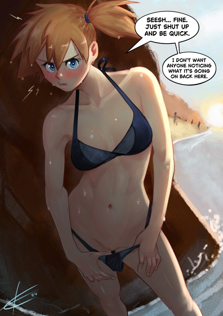 1girls beach bikini bikini_bottom_pull blue_eyes blush cleavage eltonel kasumi_(pokemon) looking_at_viewer misty_(pokemon) orange_hair pokemon pussy seaside shaved_pussy side_ponytail small_breasts speech_bubble