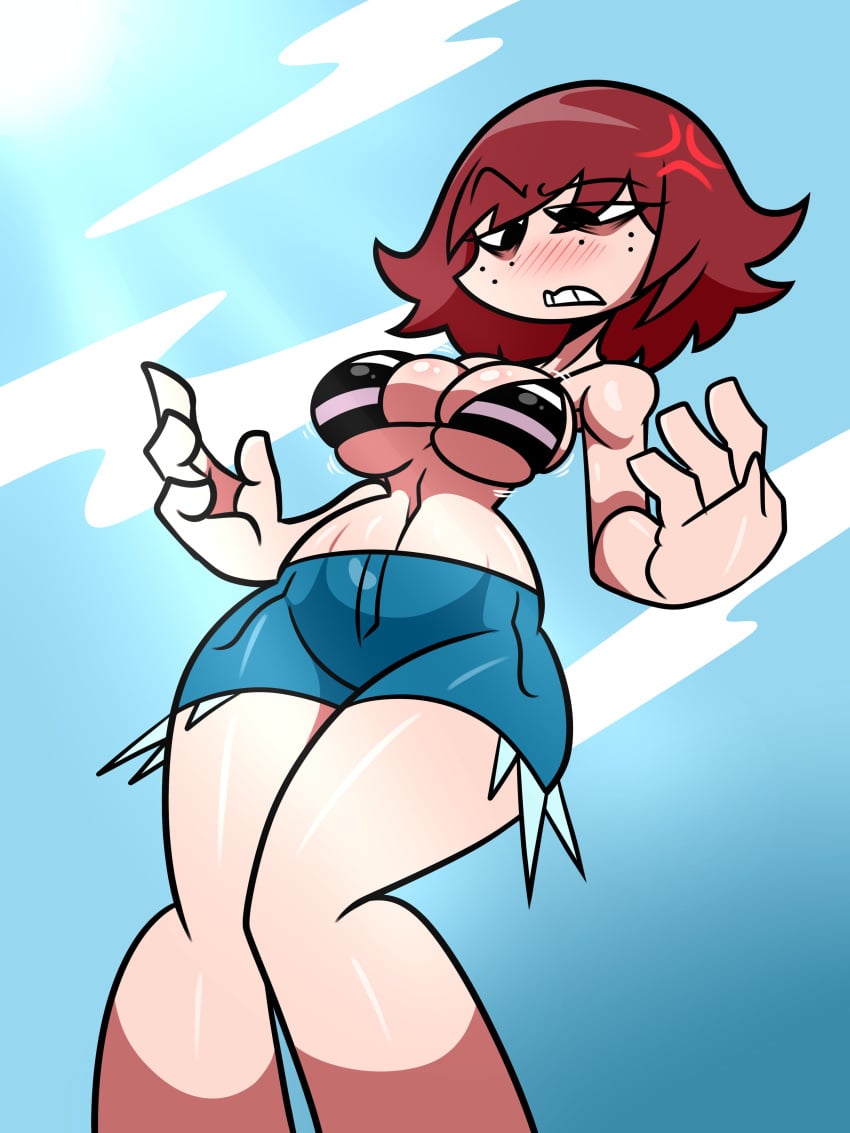 1girls anger_vein black_eyes blush bra female freckles fujiweeb good_artwork kim_pine outdoors partially_clothed red_hair scott_pilgrim short_hair shorts solo solo_female striped_bra