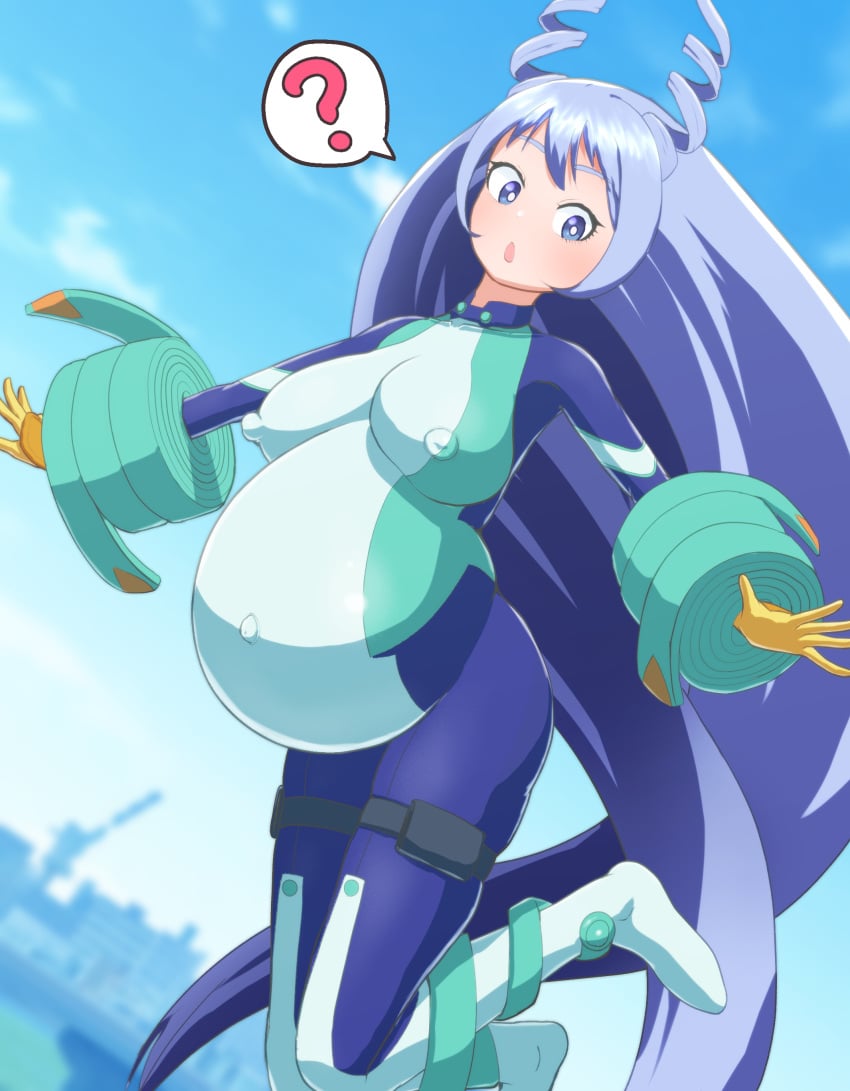 1girls belly big_belly big_breasts blue_hair bodysuit breasts female kogairoku my_hero_academia nejire_hado nipple_outline pregnant skintight solo