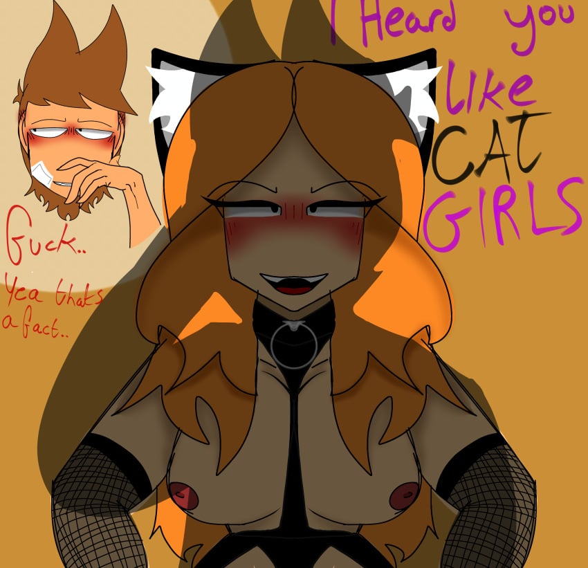 big_breasts blushing eddsworld ellsworld ginger hands_on_hip lingerie lust lustful_gaze matilda matilda_(eddsworld) red slim_waist smirk teasing thighs tits_out tord tord_(eddsworld) wavy_hair