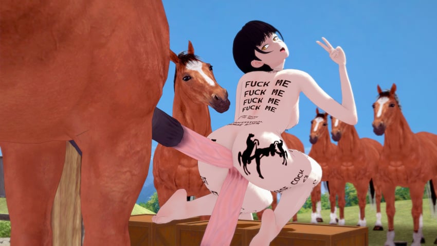 1girls 3d 3d_(artwork) animal anime anime_style ass black_hair body_writing chainsaw_man completely_nude completely_nude_female double_penetration equine equine_penis feet goldieecchi hd highres horse horsecock koikatsu koikatsu! koikatu mitaka_asa multiple_males self_upload tattoo v zoophilia