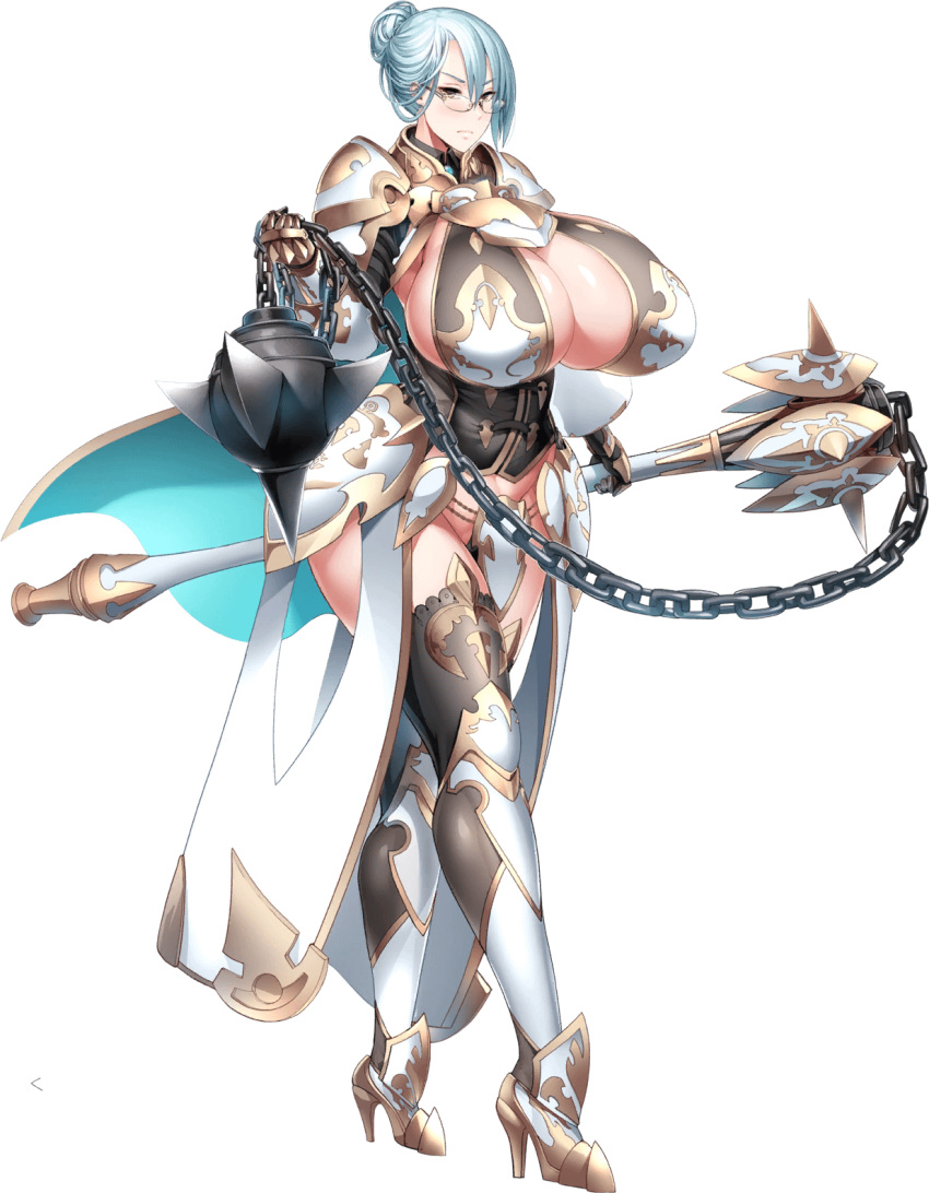 armor armored_boots armored_gloves blue_hair cape cleavage huge_breasts knight mace mature_female pauldrons