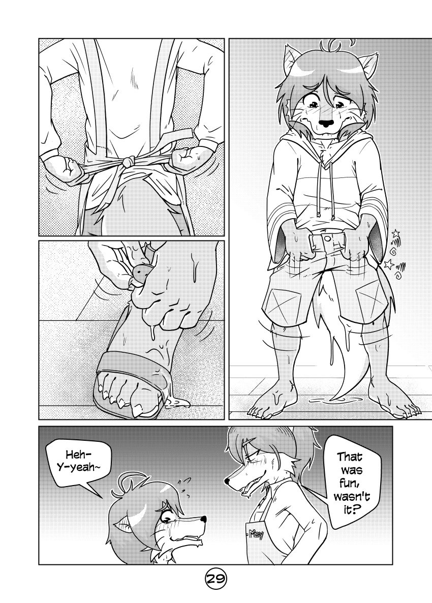 absurd_res age_difference apron bodily_fluids bottomwear canid canine canis clothed clothing comic countershading cum digital_media_(artwork) english_text footwear gaku_kodori genital_fluids greyscale harzu hi_res incest leaking_cum mammal monochrome morenatsu page_29 page_number sandals shirt shorts shun_(morenatsu) text topwear video_games visual_novel wolf