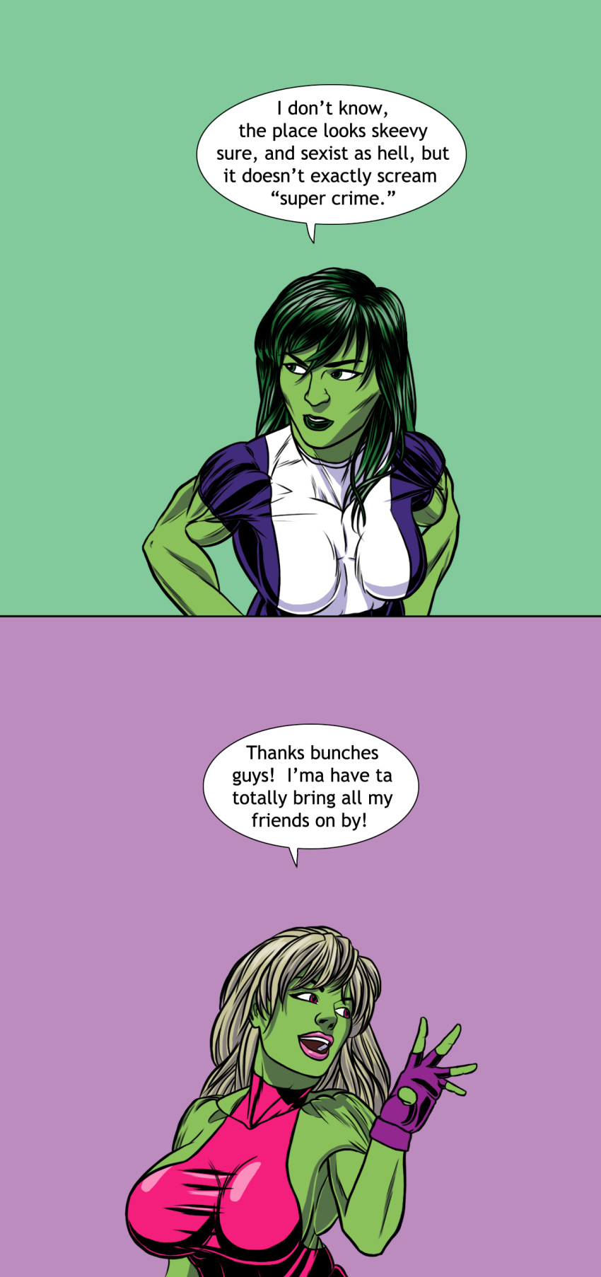 absurdres bimbofication breast_expansion breasts comic femsub green_eyes green_hair green_skin happy_trance large_breasts maledom marvel marvel_comics pink_eyes she-hulk super_hero surakuraanon text white_hair