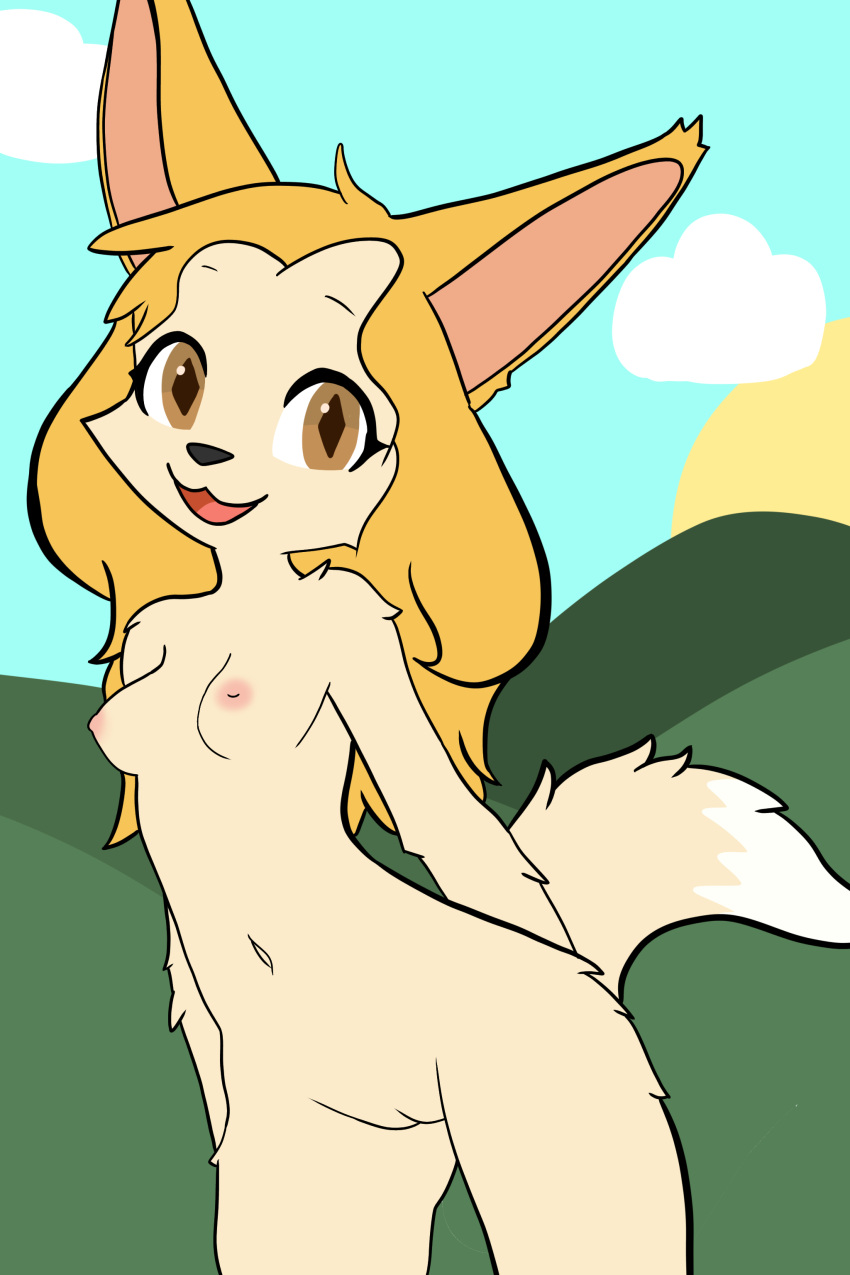 absurd_res anthro areola blonde_hair breasts brown_eyes canid canine female fennec_fox fox fur genitals hair hands_behind_back hi_res hikaridraws innie_pussy long_hair mammal medium_breasts navel nude open_mouth penny_fenmore pussy smile solo tan_body tan_fur true_fox