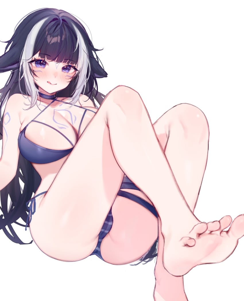 bikini bikini_bottom cameltoe feet foot_fetish indie_virtual_youtuber large_breasts licking_lips miyuchiq reclining shylily side-tie_bikini side-tie_bikini_bottom soles striped_bottomwear toes virtual_youtuber