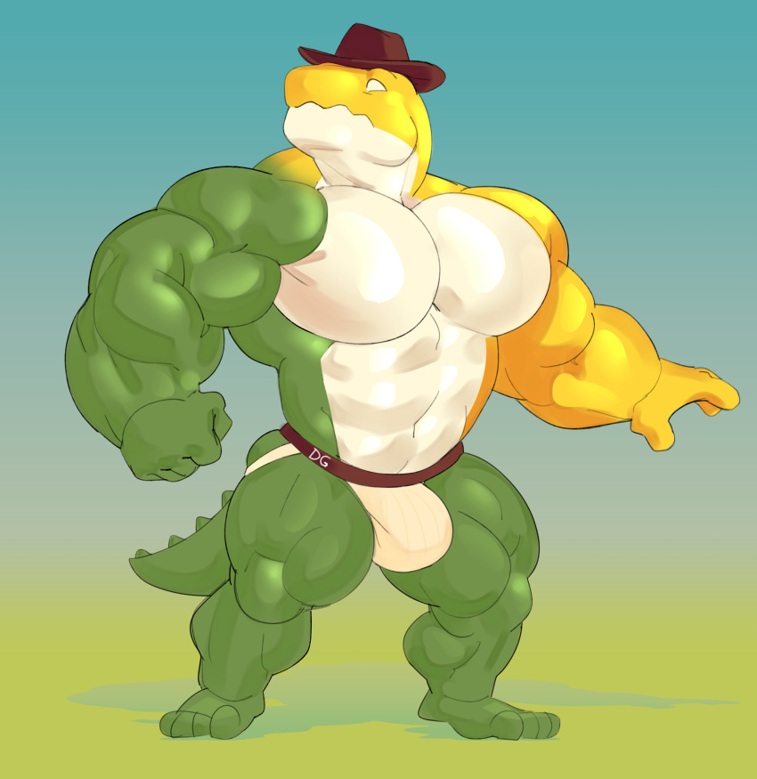 1boy 2024 abs absurd_res alligator alligatorid anthro big_muscles big_pecs bulge candy clothed clothing crocodilian dessert dumbandgreen food food_creature glitch_productions gummigoo_(the_amazing_digital_circus) gummy_(food) gummy_creature hat headgear headwear hi_res huge_muscles jockstrap living_candy male male_only mammal muscular muscular_anthro muscular_male pecs reptile scalie simple_background solo standing the_amazing_digital_circus topless underwear