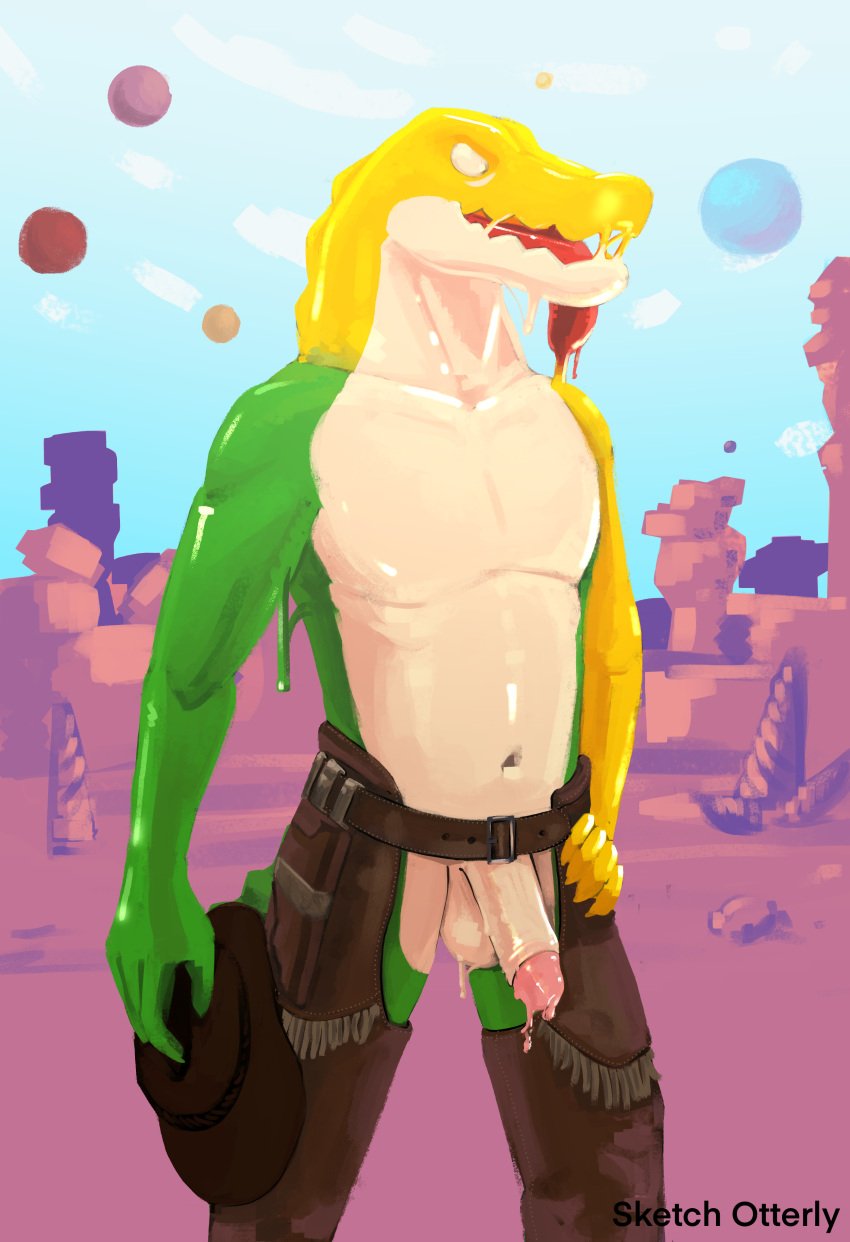 absurd_res alligator alligatorid animal_humanoid aroused bodily_fluids candy clothing cowboy cowboy_hat cowboy_outfit crocodilian crokodile dessert detailed_background flaccid food food_creature genitals glitch_productions gummigoo_(the_amazing_digital_circus) gummy_(food) gummy_creature hat headgear headwear hi_res holding_object humanoid humanoid_genitalia humanoid_penis living_candy male male_only penis posing_for_picture reptile reptile_humanoid scalie scalie_humanoid solo the_amazing_digital_circus tongue tongue_out