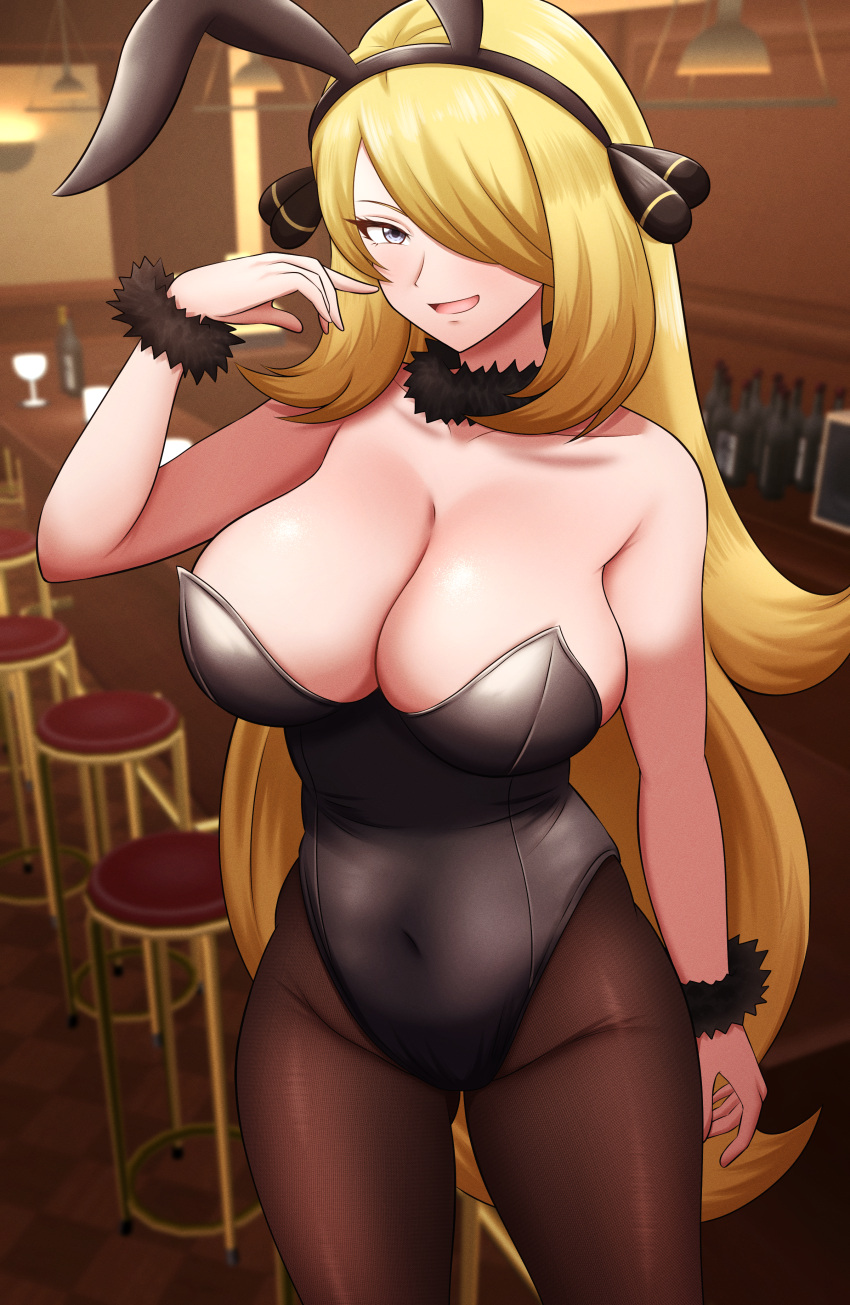 1girls big_breasts blonde_hair breasts bunny_ears bunnysuit cleavage cynthia_(pokemon) eye_contact game_freak kiteman442 leotard light_skin long_hair looking_at_viewer nintendo pantyhose pokemon pokemon_(game) pokemon_dppt solo solo_female standing thick_thighs