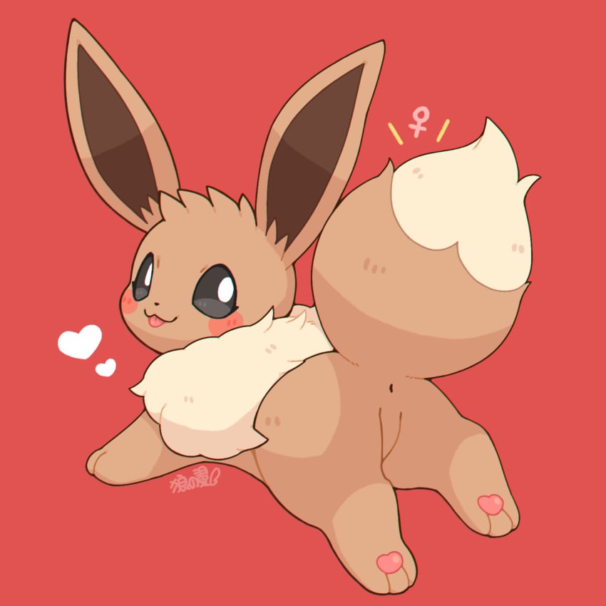 2018 anus ass blep brown_body brown_ears brown_fur brown_tail eevee female_symbol feral fur fur_tuft gender_symbol generation_1_pokemon head_tuft heart hi_res looking_at_viewer nintendo pawpads pink_pawpads pink_tongue pokemon pokemon_(species) red_background signature simple_background solo symbol tongue tongue_out tuft video_games wolfwithwing