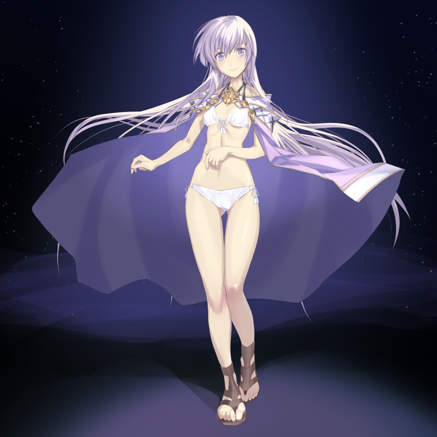 1girls absurdres aikura_chihiro alternate_costume ass_visible_through_thighs bare_shoulders bikini breasts cape female female_only fire_emblem fire_emblem:_genealogy_of_the_holy_war highres julia_(fire_emblem) long_hair looking_at_viewer nintendo open_mouth purple_cape purple_eyes purple_hair sandals simple_background small_breasts solo swimsuit underwear white_bikini