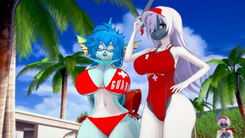 1boy 2girls absol anthro big_ass big_breasts big_butt eeveelution female garbox koikatsu lifeguard looking_at_viewer pokemon pokemon_(species) pokemon_rgby splash_(vap_enjoyerts) vaporeon