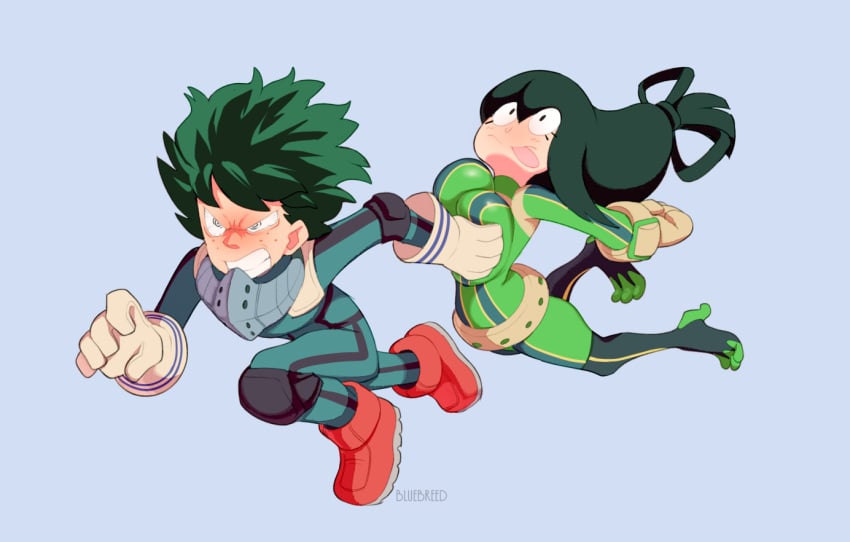 angry_expression bluebreed blush breast_grab clothed comedy deku funny hero_outfit_(mha) izuku_midoriya my_hero_academia surprised tongue_out tsuyu_asui